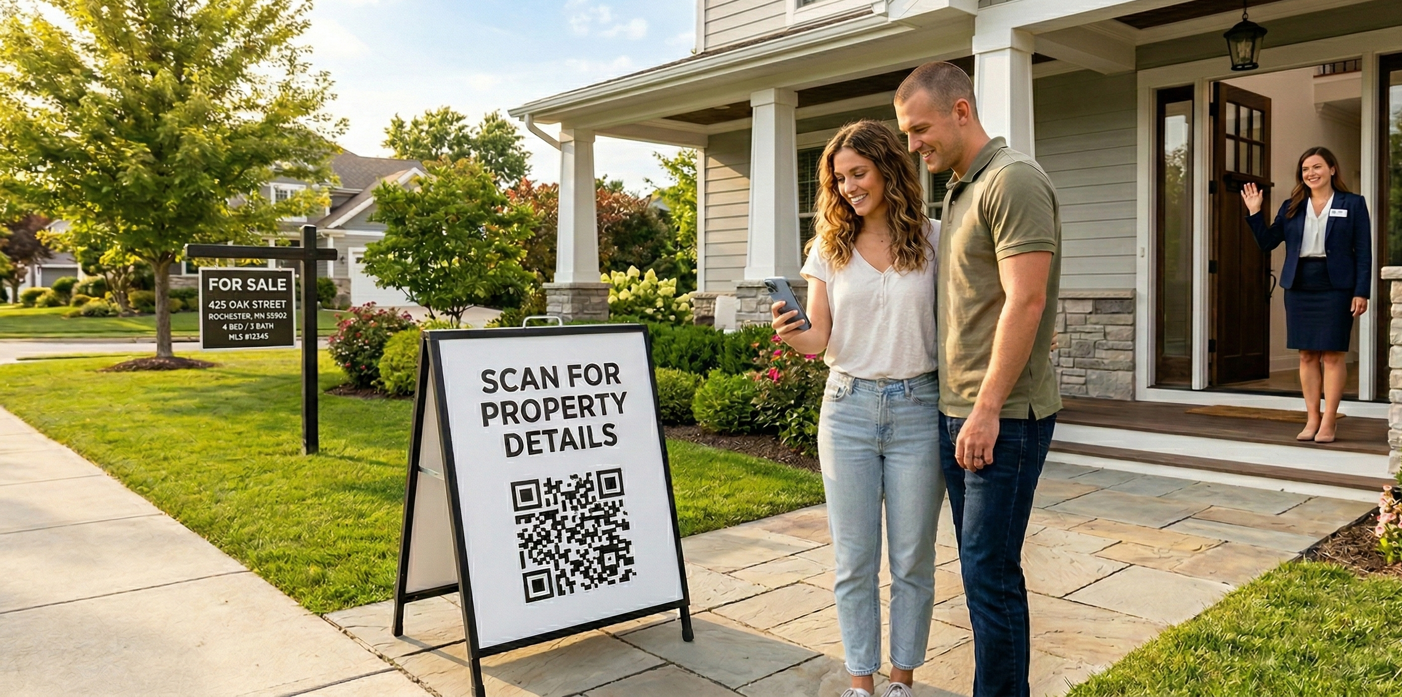 AI PROMPT: A bright, sunny real estate open house scene at the front of a beautiful modern suburban home. In the foreground, a clean white A-frame sidewalk sign sits next to the front walkway with a large black QR code in the center and bold text above reading SCAN FOR PROPERTY DETAILS. A young couple in casual weekend clothes stands near the sign — the woman holds her iPhone up pointing at the QR code, her phone screen clearly showing a beautiful mobile property page with a large photo of the home's interior, the price $525,000, and a green button reading GET FULL BROCHURE. The man leans in looking at her screen. Behind them, the front door of the home is open with a friendly female real estate agent in a fitted navy blazer visible in the doorway, smiling and waving them in. The home has a covered front porch with white columns, a manicured lawn with green grass, mature trees, and a traditional FOR SALE sign in the yard. Warm golden afternoon sunlight, blue sky with a few white clouds. The mood is aspirational, welcoming, and modern. Photorealistic commercial real estate photography, Canon 5D Mark IV, 28mm wide-angle lens, f/4.0, golden hour natural lighting with warm tones. Ultra-wide 16:8 aspect ratio, horizontal composition.